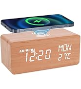 WAIGESEN Digital Wooden Alarm Clock with 10W Fast Wireless Charging,Three Levels Brightness,Weekd...