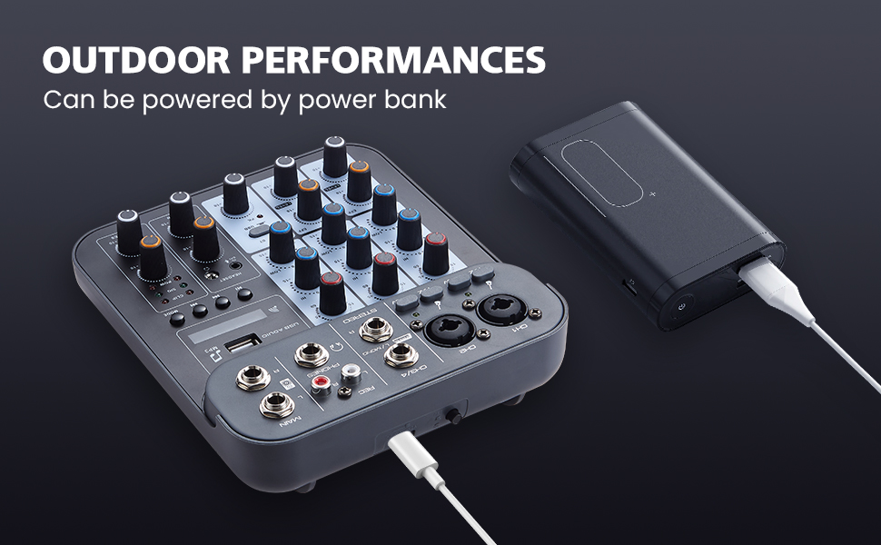 4 Channel DJ Audio Mixer Powered by Power Bank