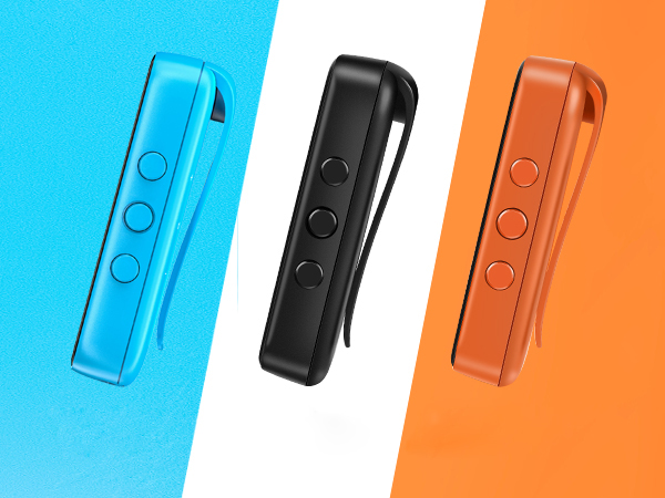Three rectangular devices in blue, black, and orange colors. Each has three buttons and a clip, suggesting portable electronic devices.