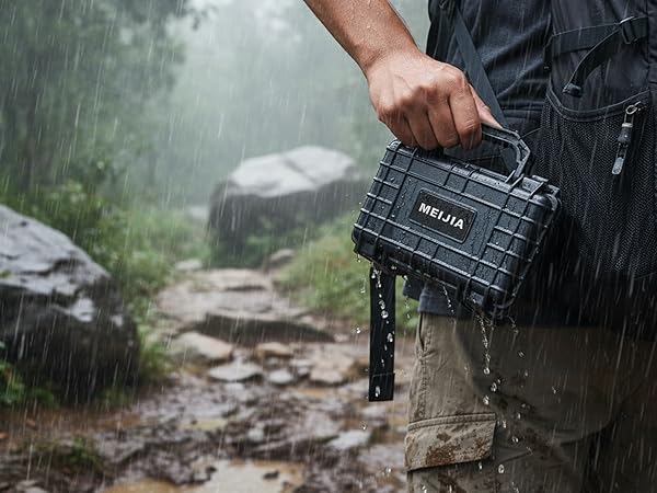 Series of outdoor photography shots showing camera equipment being used in rainy conditions on rocky terrain.