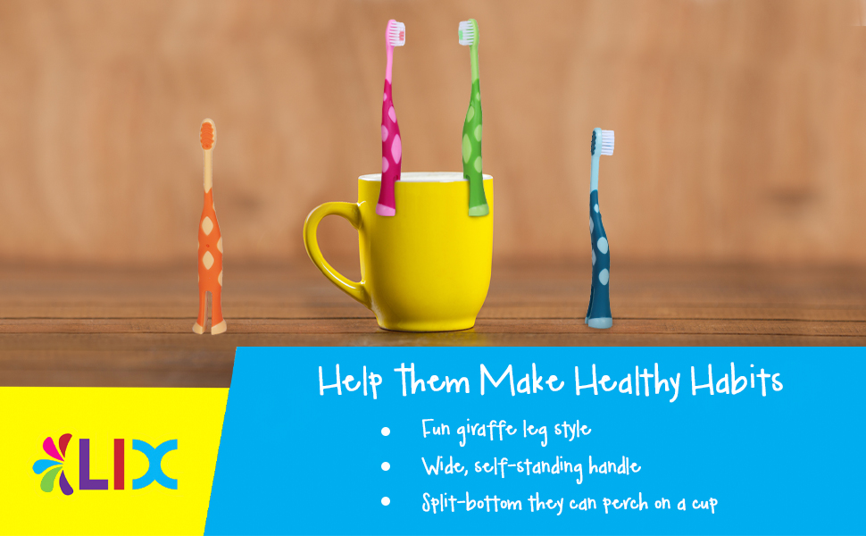child placing their giraffe leg shaped kids tooth brush on a cup
