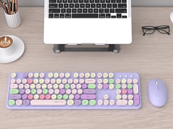 purple colorful wireless keyboard and mouse