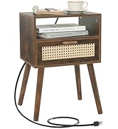 MaxSmeo Small Nightstand with Charging Station, Rattan Side Table Mid Century Modern Bedside Tabl...