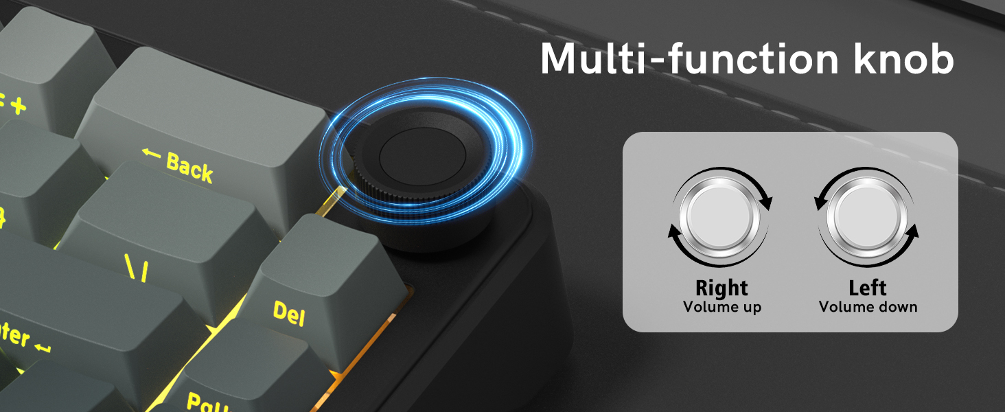 60 Mechanical Keyboard Wireless with Knob, Black Gaming Keyboard,USB-C/BT5/2.4G RGB Hot Swappable