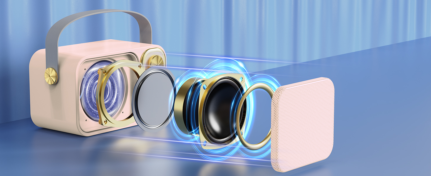 Exploded view of a pink portable speaker, showing internal components including speakers and circuitry against a blue background.