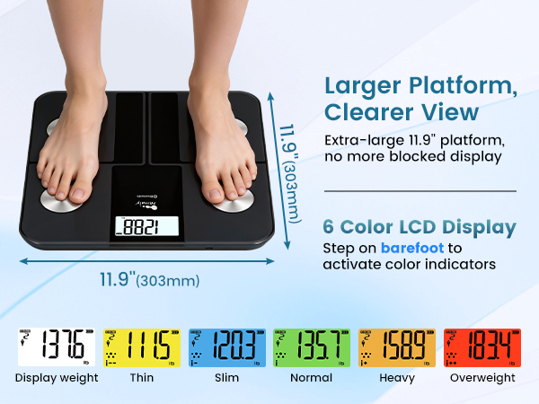 Larger 11.9&amp;#39;&amp;#39; platform, no more blocked display. 6 color LCD display, step on barefoot to unlock