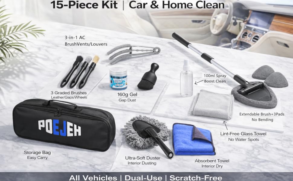 Poejeh 15-Piece Car Interior &amp;amp; Glass Cleaning Kit