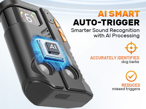 Text reads 'AI SMART' and 'AUTO-TRIGGER'. Product images showing black camera or sensor device with targeting reticle icon and AI processing features.