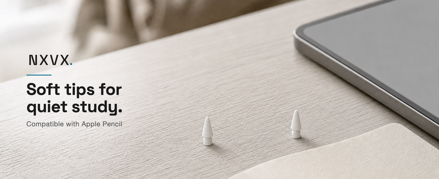 NXVX soft replacement tips beside a tablet for quiet study