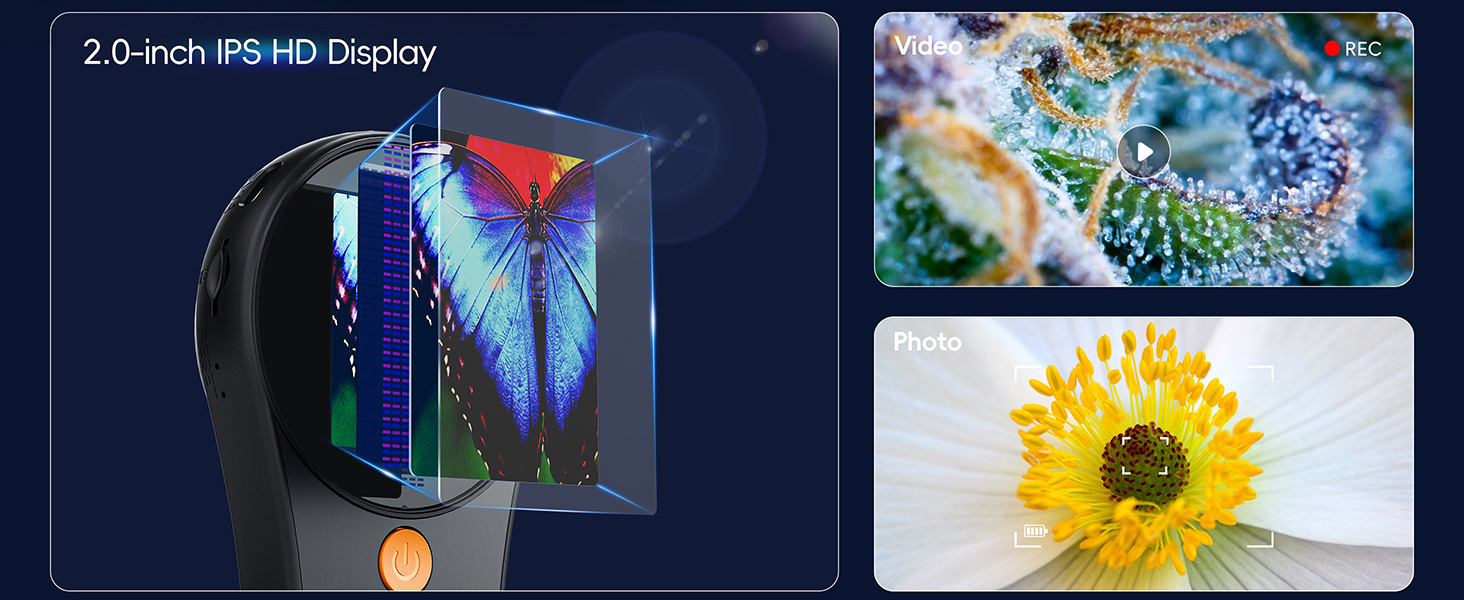Technical illustration showing 2.0-inch IPS HD Display screen specification, with sample nature photography of butterfly and sunflower.