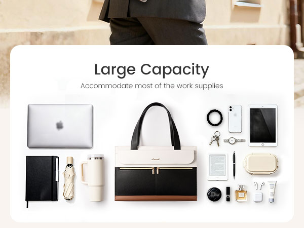 Spacious tote bag with organized compartments fits laptop, tablet, water bottle and daily essentials