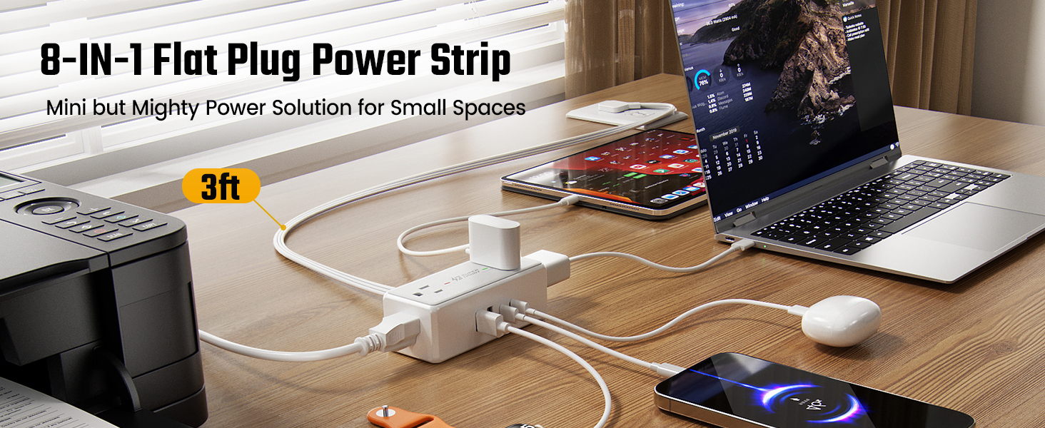 SUPERDANNY Surge Protector Power Strip Flat Plug