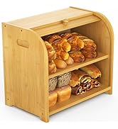 Bambition Bamboo Bread Box for Kitchen Countertop, Roll-top Bread Storage Container, 2 Layer Larg...