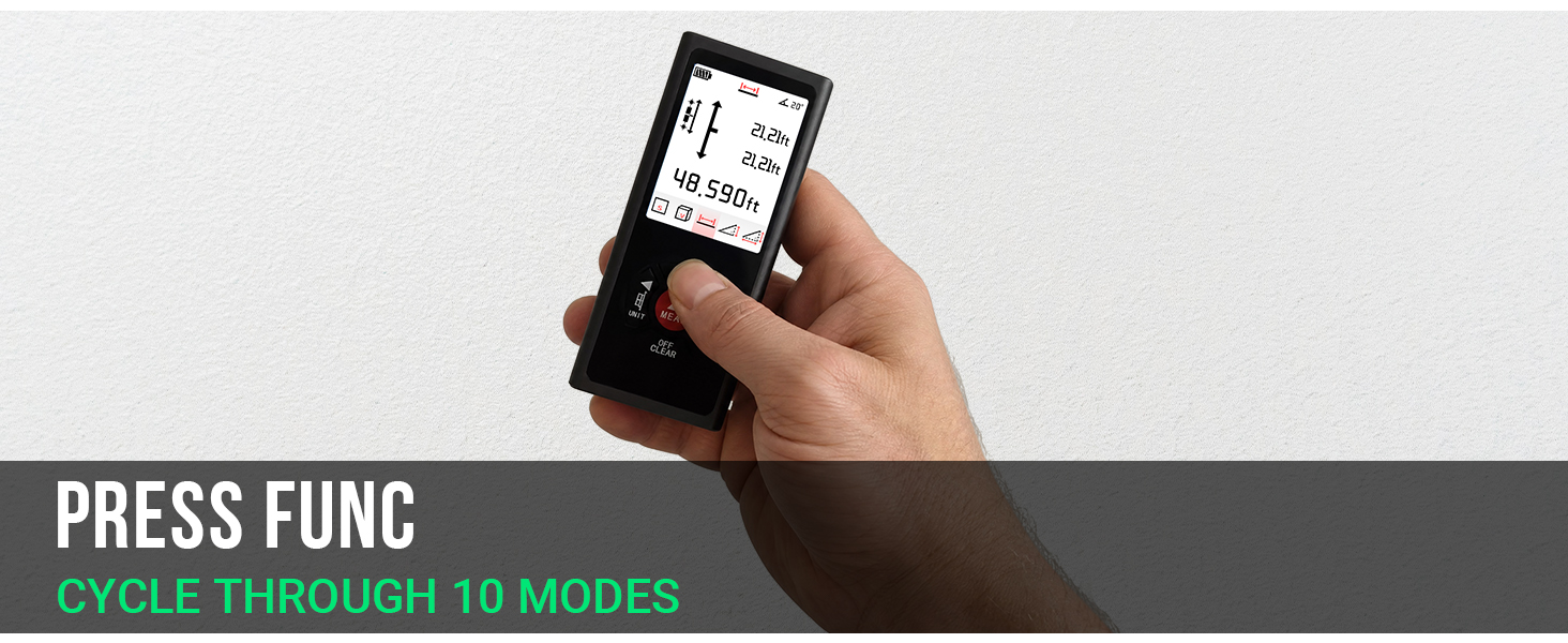 Press FUNC button to cycle through 10 measurement modes on device screen PC_M3P2