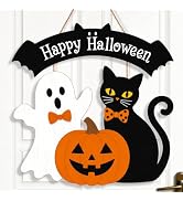 Halloween Welcome Wreath for Front Door Wooden Ghost Black Cat Door Decor | Farmhouse Pumpkin Wre...