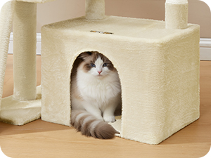 Series of beige-colored modular cat furniture or hiding spaces, creating a connected playground environment.