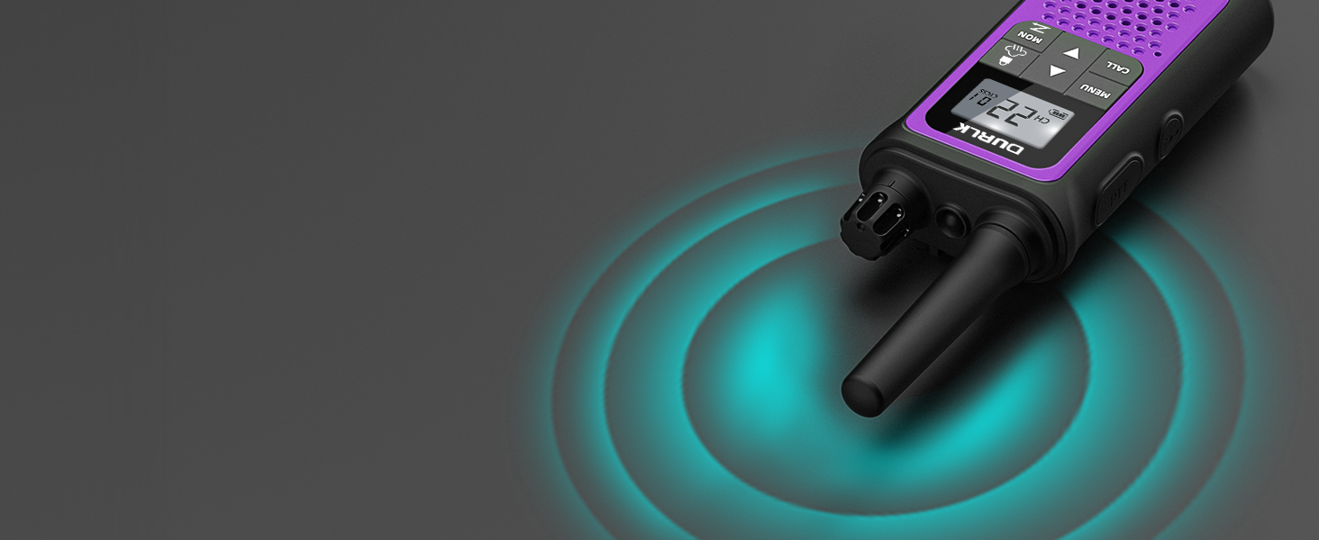 walkie talkies in purple and black emits vibrant glowing waves showing its strong signal capability