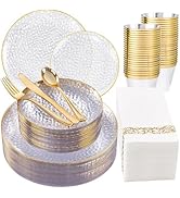 DaYammi 175 Pcs Plastic Dinnerware Set (25 Guests), Clear And Gold Plastic Plates, Hammered Party...