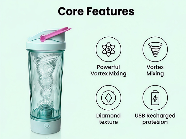 Electric shaker bottle showing leak-proof lid, diamond texture, stirring base, and USB charging.