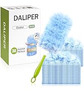 Daliper duster product set including box, blue microfiber duster head, multiple refill pads, and green plastic handle. Box indicates 30 duster refills and 360-degree cleaning capability.