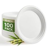 Goodluck 10 Inch White Compostable Paper Plates 100 Pack, 100% FSC Certified Heavy Duty Bagasse P...