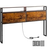 LOAKEKEL Queen Size Headboard, Metal and Wood Headboard with Charging Station, Head Boards with S...