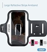 Black smartphone armband with reflective strips and key pocket. Features adjustable strap, transparent screen cover, and comes in black or pink color options.