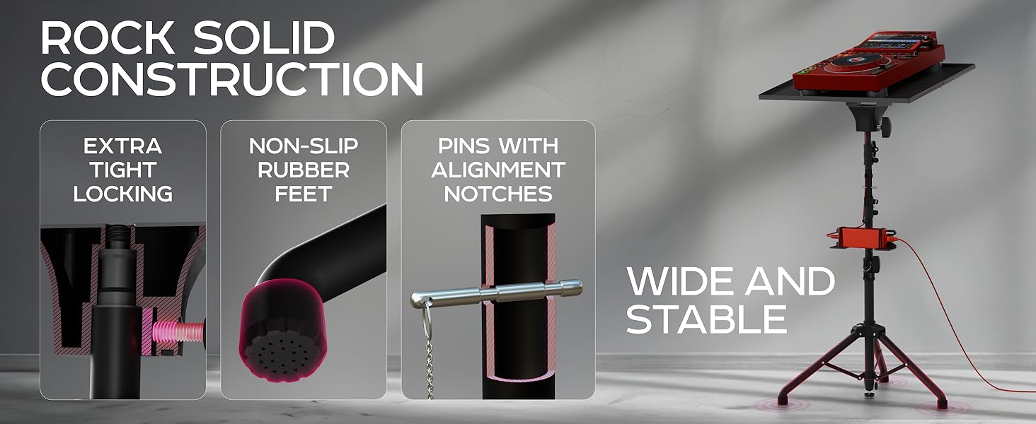 Rock solid foundation: extra tight locking, non slip rubber feet, pin with alignment notches