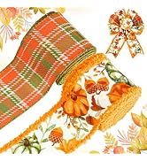 AnyDesign 2 Rolls Fall Wired Edge Ribbons Pumpkin Plaid Craft Ribbon Orange Green Autumn Thanksgi...