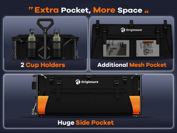 Huge side bags, side mesh bags and 2-cup brackets provide ample storage space
