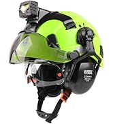 GREEN DEVIL Hard Hat Safety Helmet with Rechargeable Headlamp Light and Visor Ear Muffs Vented Wo...