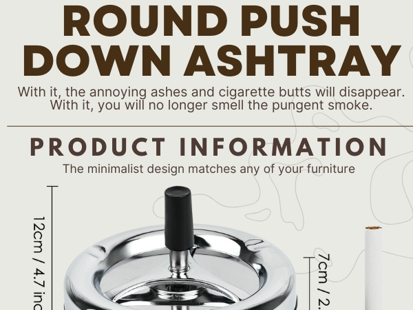 Round Push Down Spinning Metal Ashtray - Black