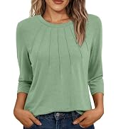 AUTOMET Womens 3/4 Length Sleeve Tops Round Neck Pleated Dressy Casual Basic Shirts Tunic