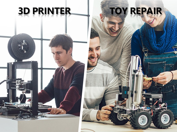Split image showing 3D printer setup with filament spool on left, and detailed view of robotic toy repair or assembly on right.