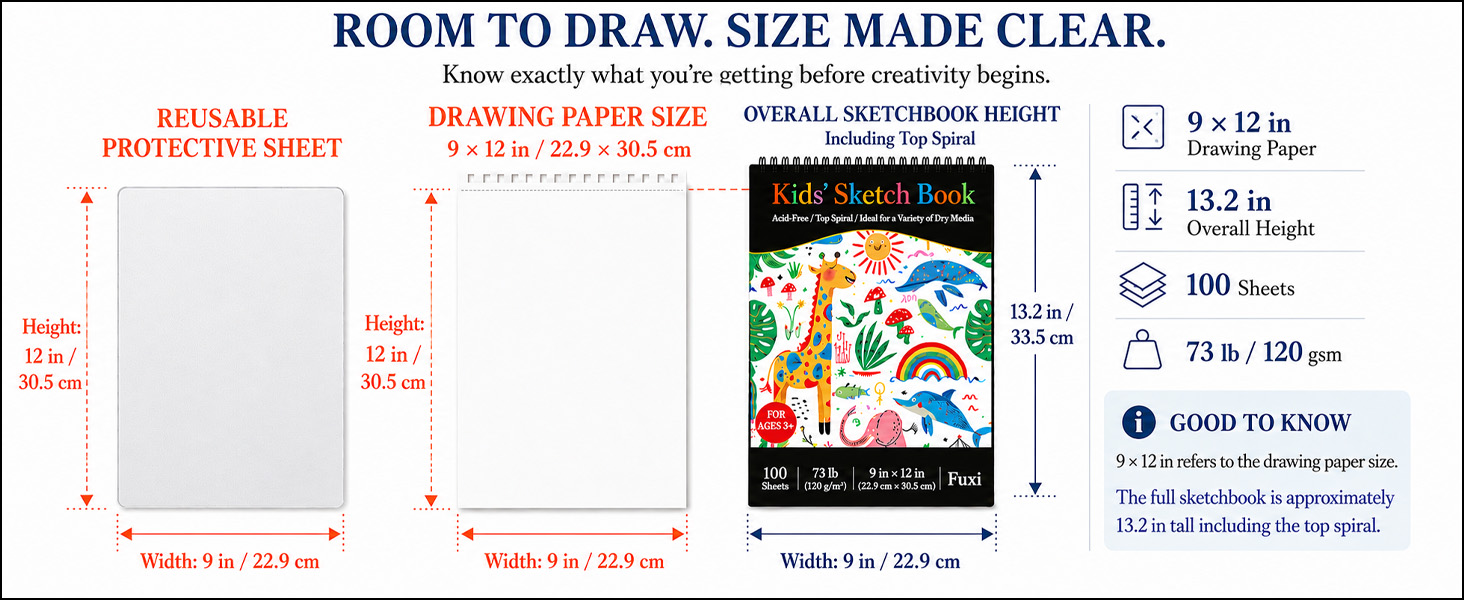 9 x 12 drawing paper; full height about 13.2 in. Includes a reusable protective sheet.