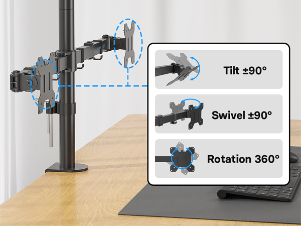 Dual monitor desk mount with articulating arms showing ±90° tilt, ±90° swivel, and 360° rotation capabilities. Features adjustable clamp mount and cable management.