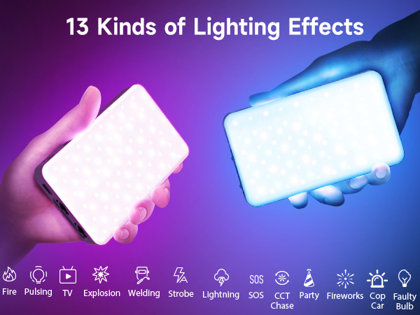 Portable LED light panel demonstrating 13 different lighting effects, with mode icons displayed below including Fire, TV, Explosion, and other lighting scenarios.