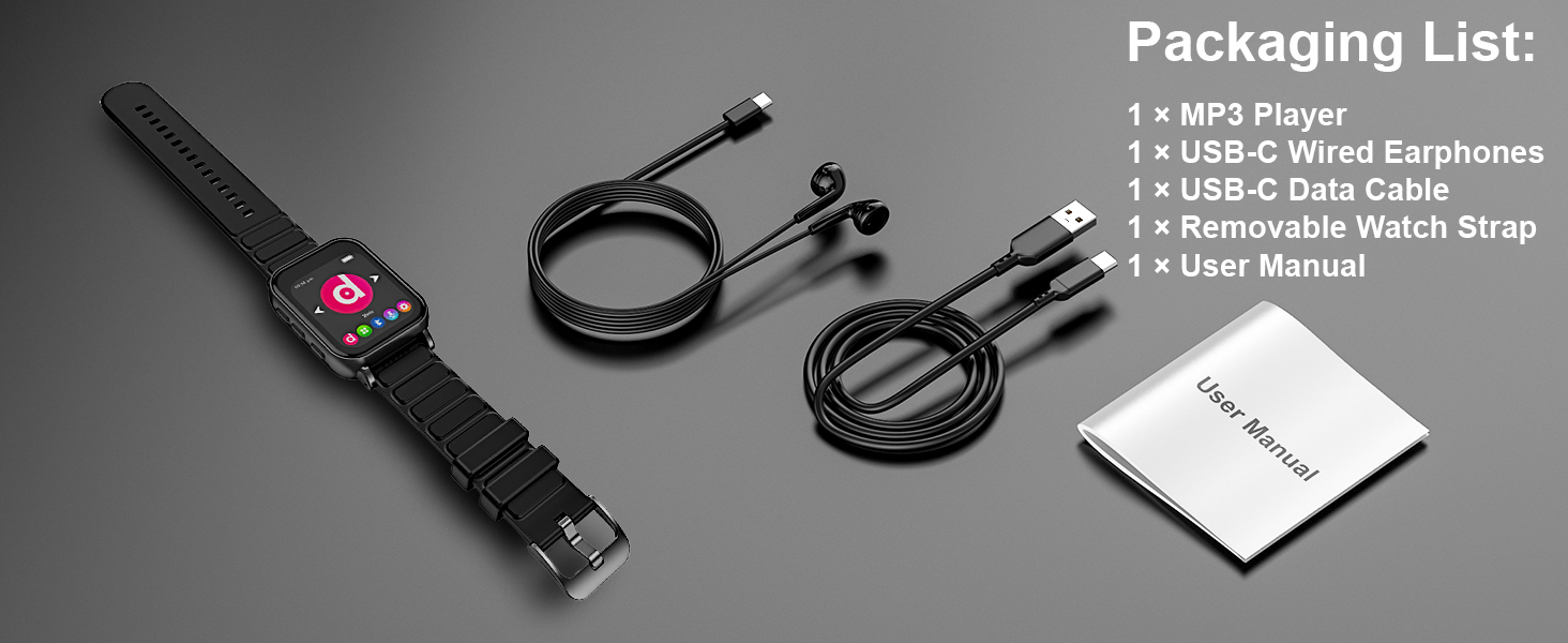 MP3 Player Accessory Kit with USB-C Wired Earphones Data Cable and Removable Sports Watch Strap