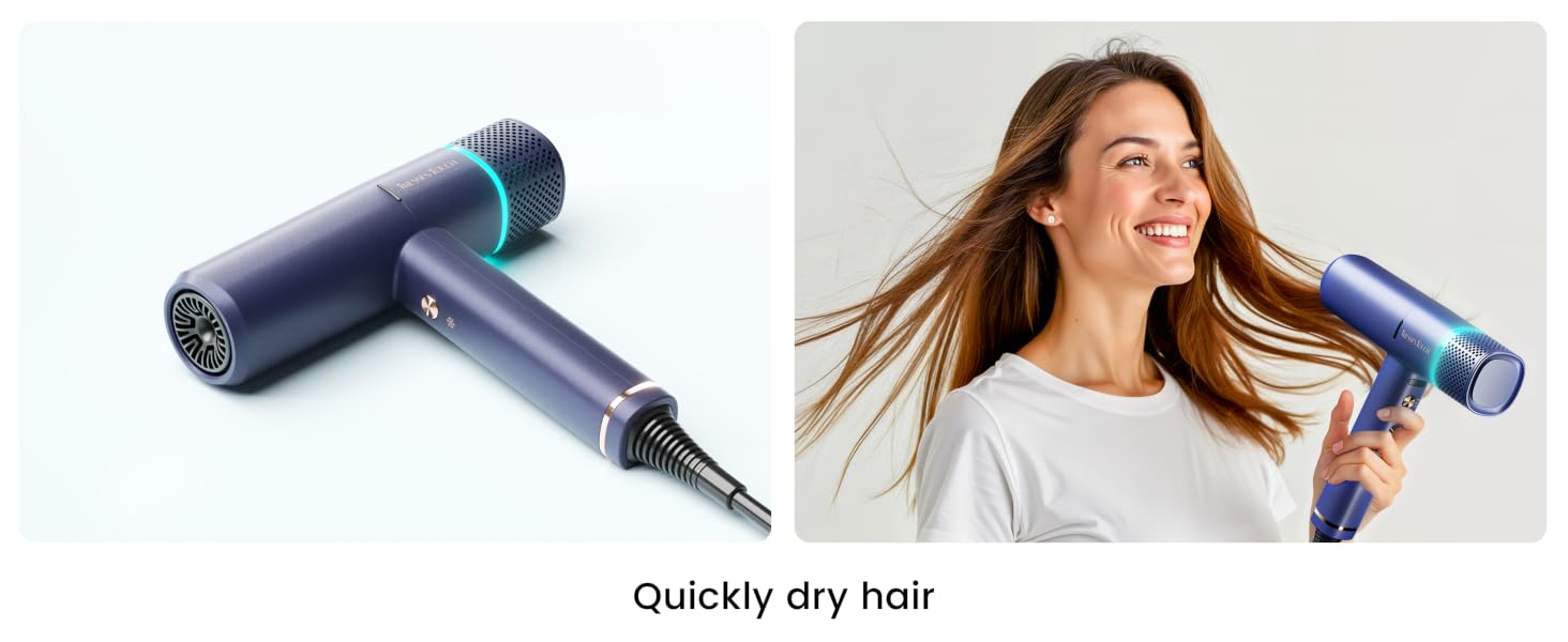 Text reads 'Quickly dry hair'. Multiple views of purple hair dryer being used to style hair, showing different angles and usage positions.