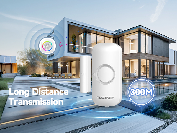 Smart home security device advertisement showing wireless transmission range of 300M, displayed against modern luxury house with pool.