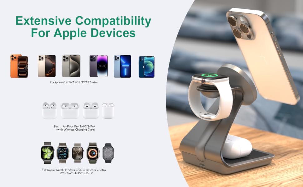 Charge for iPhone/Apple Watch/AirPods simultaneously.