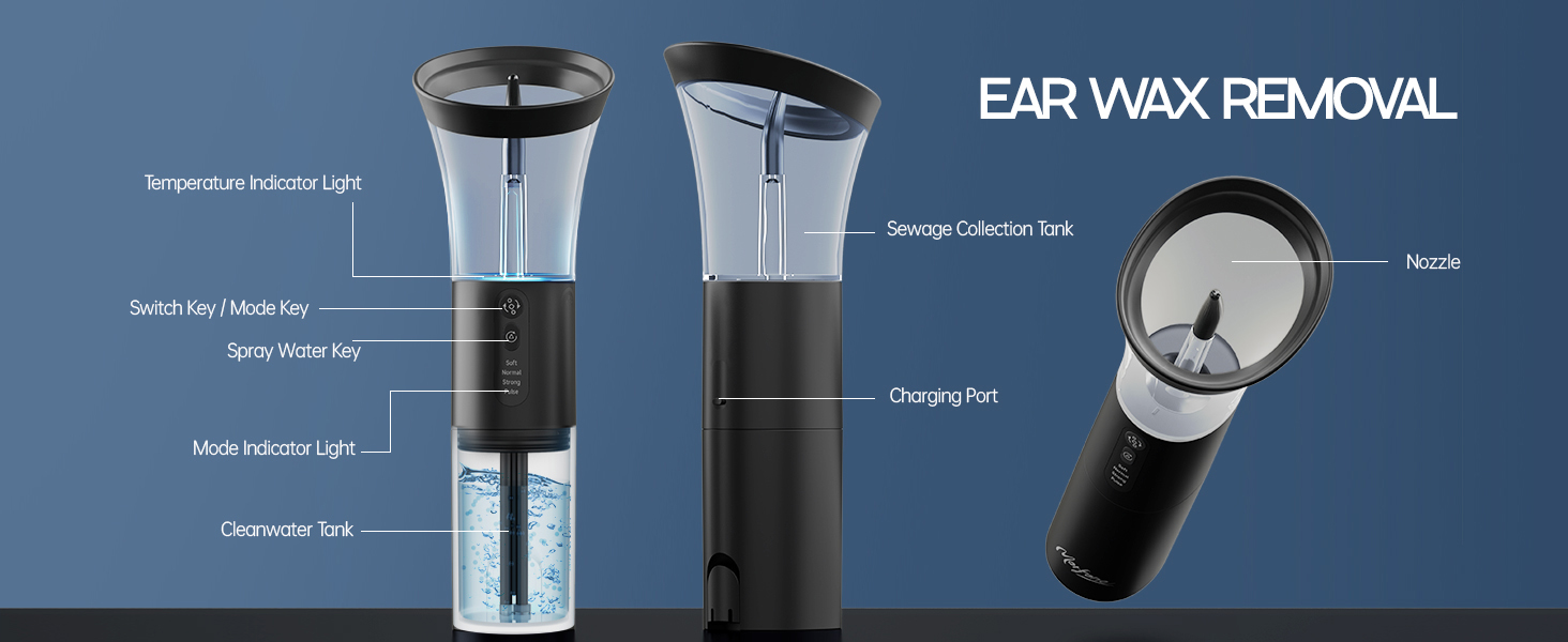 Ear wax removal device with transparent collection chamber. Features soft silicone tip and spray nozzle for safe and effective ear cleaning.