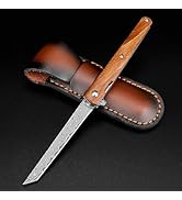 AUBEY Small Damascus Pocket Knife with Sheath, Sharp Tanto Blade Damascus Folding Knife for EDC, ...