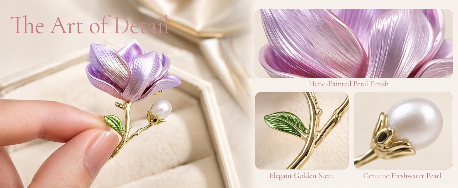 Enamel Magnolia Flower Brooch with Freshwater Pearl