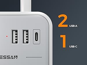 Ultra Thin Flat Extension Cord 5 FT, TESSAN Slim Power Strip with USB Ports