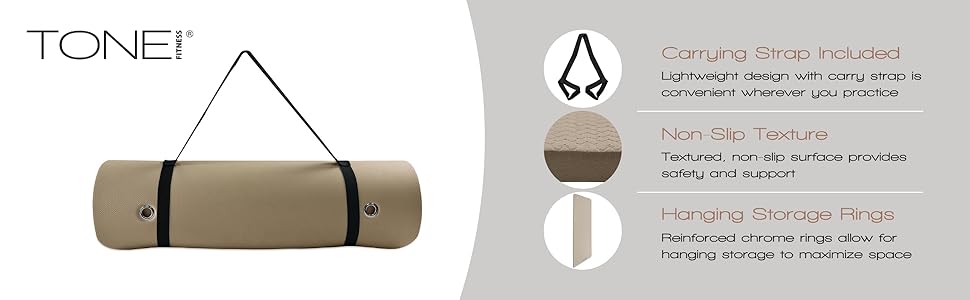 TONE Fitness hanging yoga and pilates mat with carry strap features