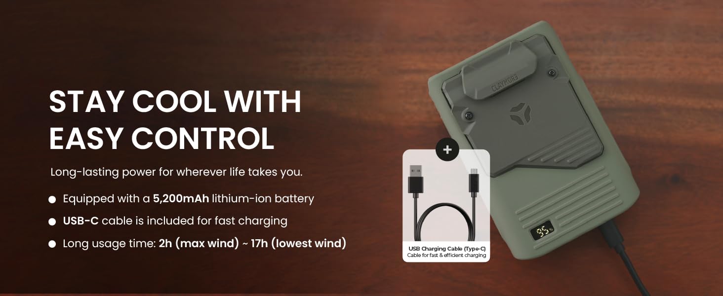 Claymore Clip Fan Rechargeable Hands-Free Clip USB-C Charging Camping, Hiking, Outdoor Use