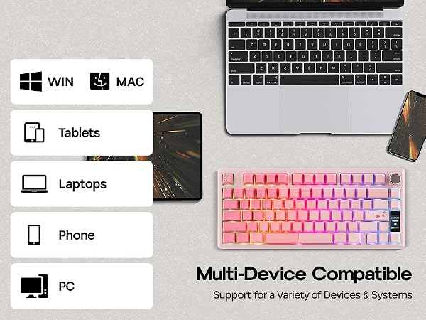 Text reads 'Multi-Device Compatible'. Product compatibility icons showing WIN, MAC, Tablets, Laptops, Phone, and PC with device illustrations. Pink-lit keyboard visible in background.