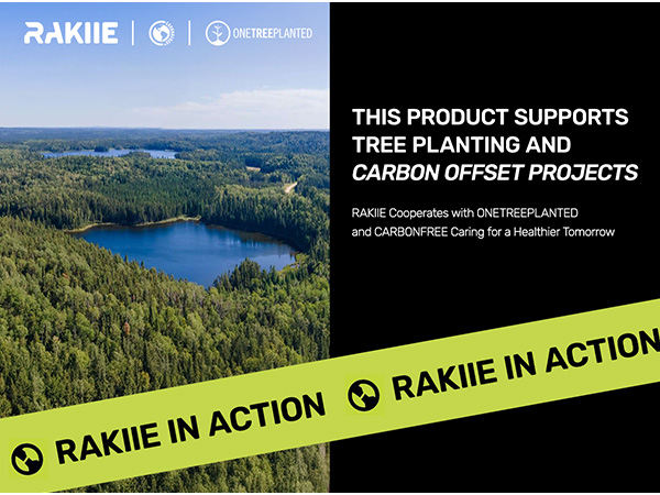 Split-screen image with forest landscape on left, text on right promoting tree planting and carbon offset projects. Yellow banner reads 'RAKIIE IN ACTION' across bottom.