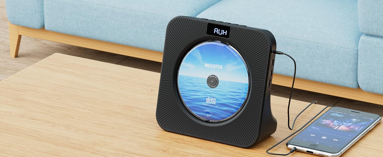 MEGATEK CP28BR Portable Desktop CD Player with AUX Input is Connected with a Smart Phone